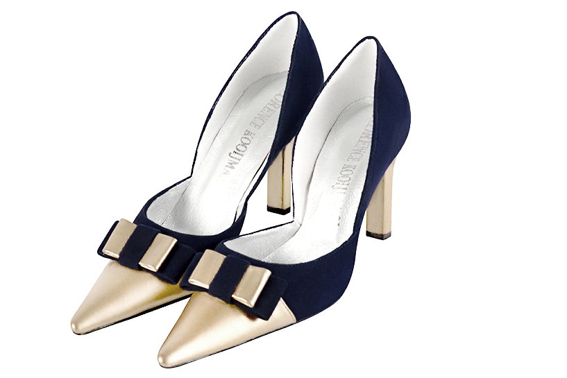 Gold and navy blue women's open arch dress pumps. Pointed toe. Very high slim heel. Front view - Florence KOOIJMAN